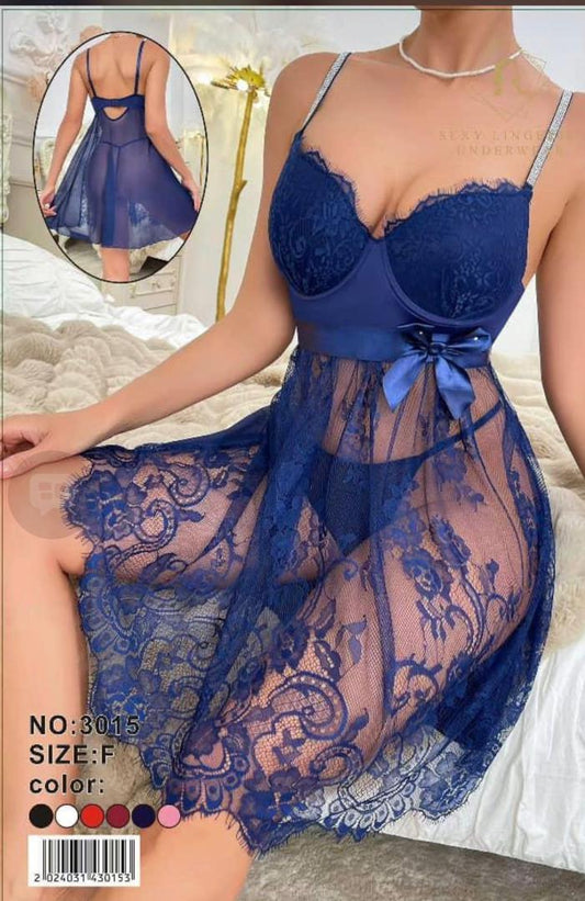 Babydoll Long Dentelle Bleu Marine